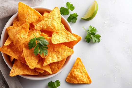 A bowl of tortilla chips with a green herb on top