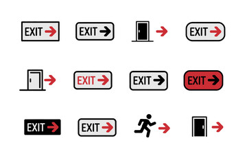 Collection of enter and exit signs icon with people and arrows in black and green on a white background