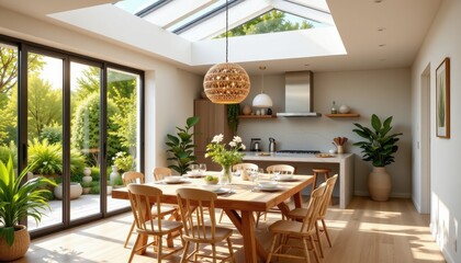 Obraz premium family dining under skylight and open window, natural light and air blending beautifully, health and sustainability theme
