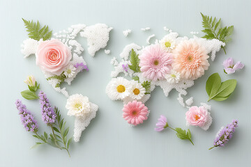 A flower arrangement is on a map of the world