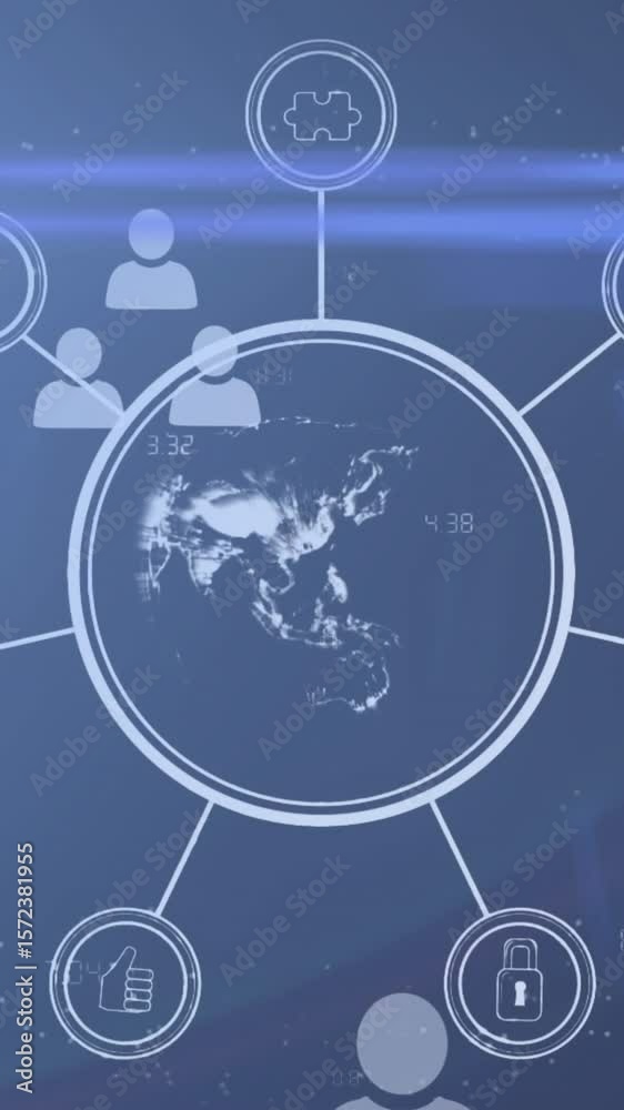 Poster animation of globe with network of connections with data processing and biometric fingerprint
