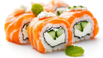 Fresh Sushi Rolls with Cream Cheese and Cucumber on White Background