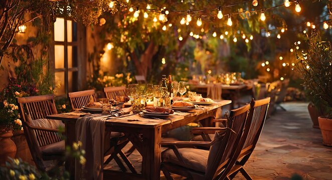 Cozy outdoor dining table set for a romantic evening with string lights and candles creating a warm ambiance