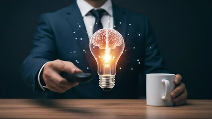 Businessman in a Suit Holding Lightbulb With Glowing Interior on Gray Background - Powered by Adobe