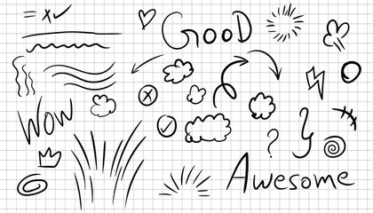 Set of hand drawn elements. sketch lines, arrows, crown, clouds, sun, good, awesome wow text, heart, highlight, speech bubble, underline, sparkle shape. vector illustration