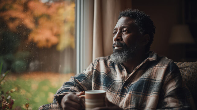 A thoughtful man gazes out a window while holding a cup, lost in quiet reflection.
