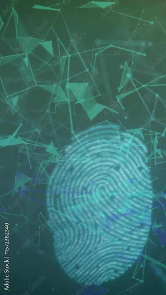 Poster animation of security padlock icon and biometric fingerprint scanner against plexus networks