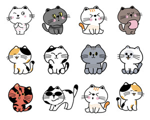 Cute and funny doodle cats vector set. Cartoon characters design collection and illustration.