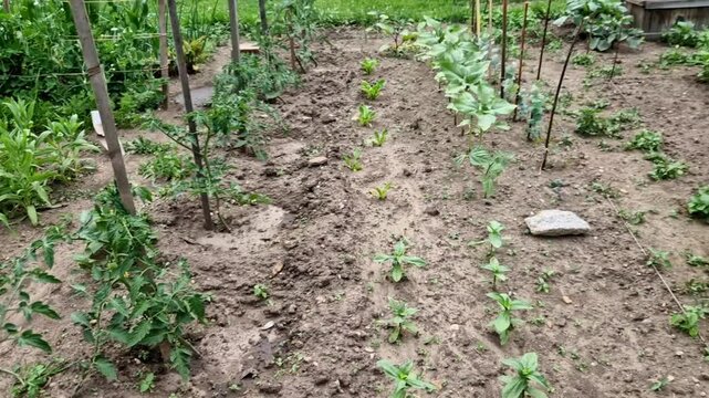 Multiple crops per bed is advantageous in a small garden. Lettuce grows in the shade of tomatoes. Varied mixed crops as in permaculture.