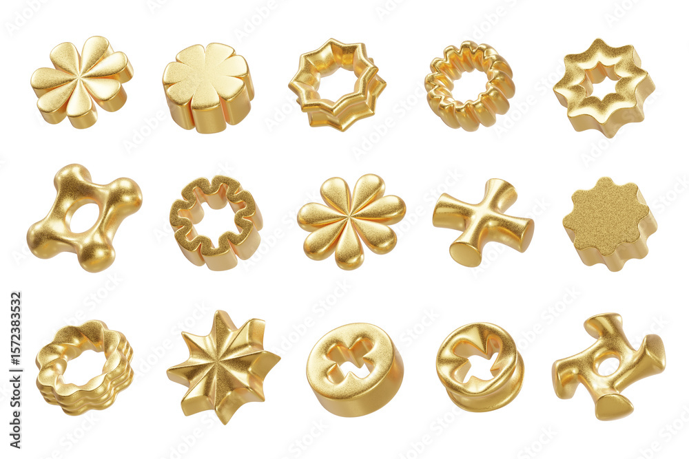 Poster Golden object geometry shape collection set isolated background 3d rendering