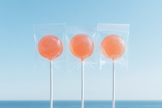 Three wrapped lollipops on a sunny day. Pastel colors and a minimalist aesthetic create a sweet and refreshing summery image, perfect for a treat. - Powered by Adobe
