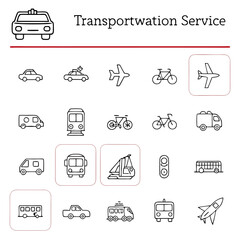 Line art depiction of various transportation methods including cars planes trains and bicycles arranged neatly