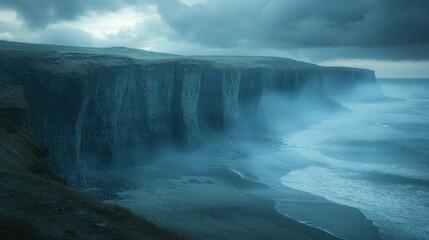 Dramatic coastal cliffs, mist, stormy sea