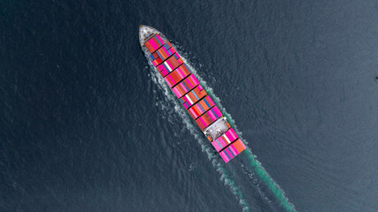 Aerial view container cargo ship freight shipping international, Global business freight shipping import export logistic transportation container ship, Container cargo ship sea freight container ship.