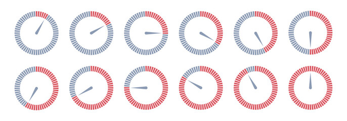 Countdown timer, stopwatch vector icons set. Full rotation arrow timer. 5 minute to 1 hours stopwatches. Chronometer for speed. Collection of timers isolated on white background. Vector illustration.