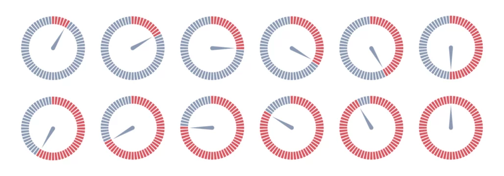 Countdown timer, stopwatch vector icons set. Full rotation arrow timer. 5 minute to 1 hours stopwatches. Chronometer for speed. Collection of timers isolated on white background. Vector illustration.