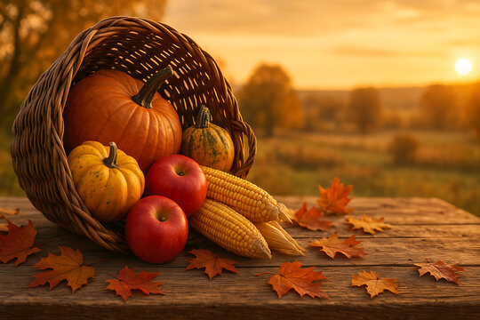 Fall harvest cornucopia pumpkins apples thanksgiving autumn background