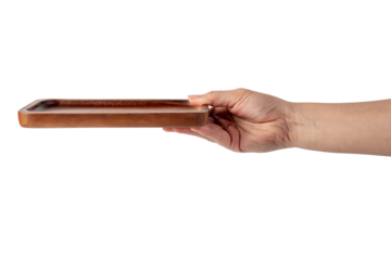 Wooden plate in hand on transparent background.
