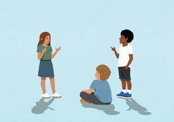 Multiracial kids talking and gesturing in discussion on blue background
