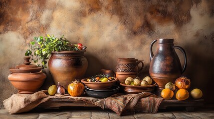 Rustic Still Life with Clay Pots and Fresh Produce Display