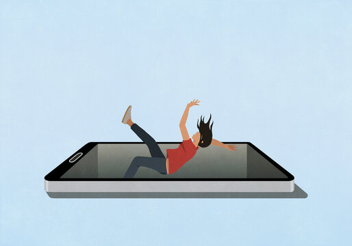 Addiction concept - woman falling backward into smart phone void

