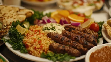 Savory Grilled Meat Skewers with Spiced Rice and Fresh Vegetables