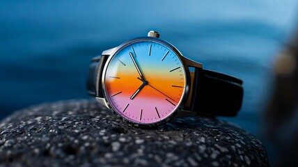 Luxury wristwatch with colorful gradient dial reflecting sunset colors on black stone surface
