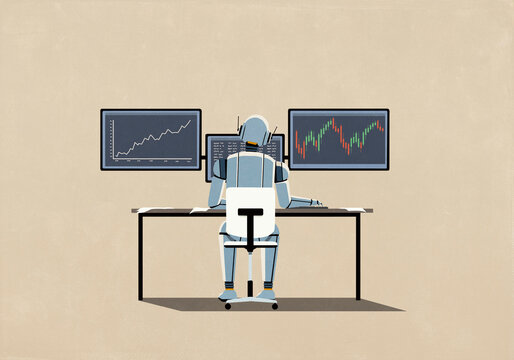 Humanoid robot working at computer monitors with financial data
