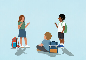 Multiracial school kids talking and gesturing in discussion against blue background
