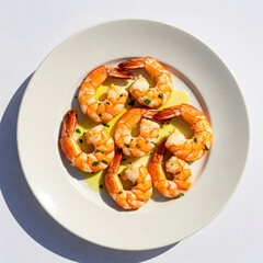 A pile of cooked prawns, exhibiting an appetizing orange hue, neatly arranged on a white plate,