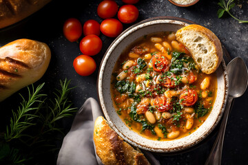 Creative food template. Bowl of comforting bean and tomato soup with sourdough bread and ingredient herbs on dark linen cloth warm rustic setting. copy text space. Top overhead flat lay view