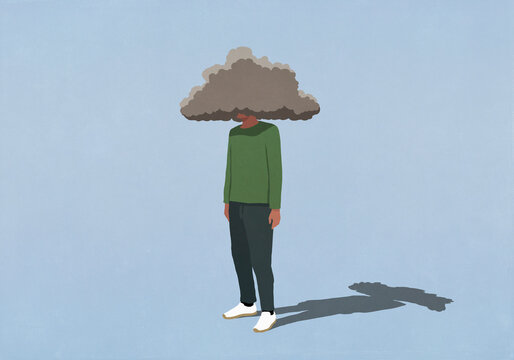 Gray storm cloud covering head of depressed man on blue background
