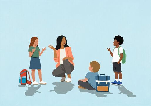 Female teacher and multiracial school kids gesturing in discussion against blue background
