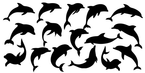 Dolphin silhouette set,black vector illustration for ocean, and wildlife designs