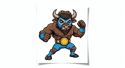 Cartoon Wrestler: A muscular bull in a luchador mask poses confidently, showcasing strength and determination in a dynamic illustration.