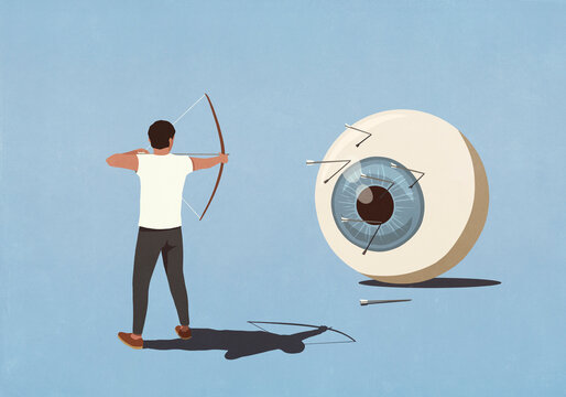 Man aiming bow and shooting arrows at large blue surveillance eyeball
