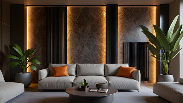 A modern living room interior featuring comfortable furniture, stylish decor, and contemporary design elements
