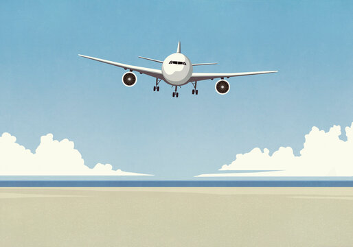 Airplane flying low over sunny summer ocean beach

