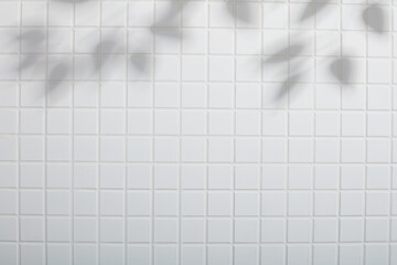 White square-tile bathroom wall with soft leaf shadows. Clean and minimal background perfect for...