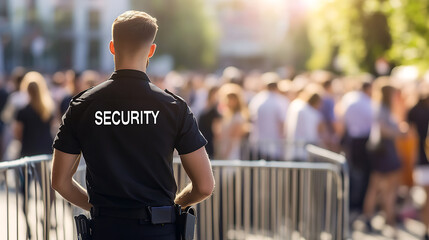 Security guard protecting a crowd, ensuring safety with focus and vigilance in a public setting. Focus on crowd safety.