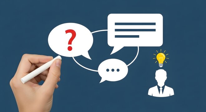 Hand drawing connected speech bubbles with question mark and lightbulb, near businessman silhouette, symbolizing teamwork and idea generation.