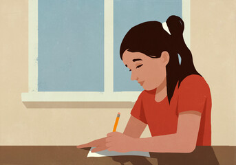 Focused school girl doing homework in classroom by window
