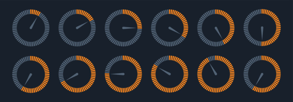 Countdown timer, stopwatch vector timer icons set. Vector circle countdown timer display. Orange and gray color display. Round UI countdown time. Chronometer for speed. Vector color illustration.