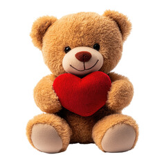 Cute plush teddy bear holding a red heart on a transparent background, cutout png