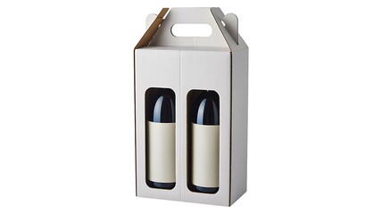 Two wine bottles in white cardboard carrier box with cutout windows on white background