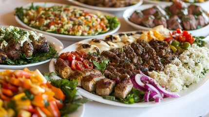 Obraz premium Vibrant Array of Grilled Meats and Fresh Salads on Elegant Platter