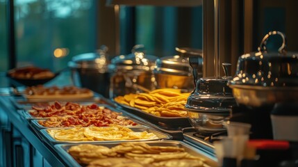 Fototapeta premium Vibrant Breakfast Buffet with Assorted Dishes and Warm Lighting
