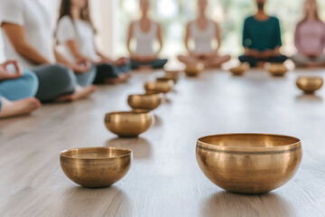Sound healing session: Serene group meditation with singing bowls promoting wellness. Focus on mindfulness, relaxation, and holistic health practices.