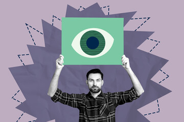 Collage of stressed person under large symbolic eye representing surveillance spying fear control...