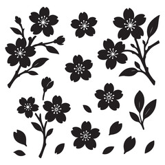 Elegant Cherry Blossom Silhouette Set – Includes 11 clean floral motifs with branches, petals, and leaves, perfect for decorative and design use.